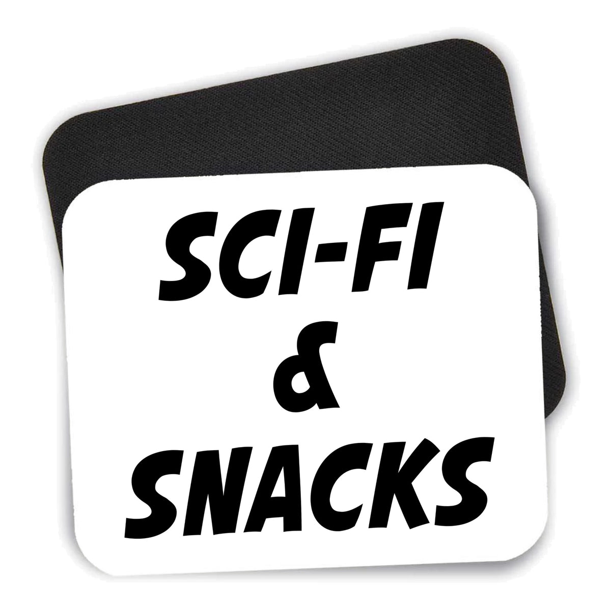Sci-Fi & Snacks mouse pad shown with its black non-slip rubber underside