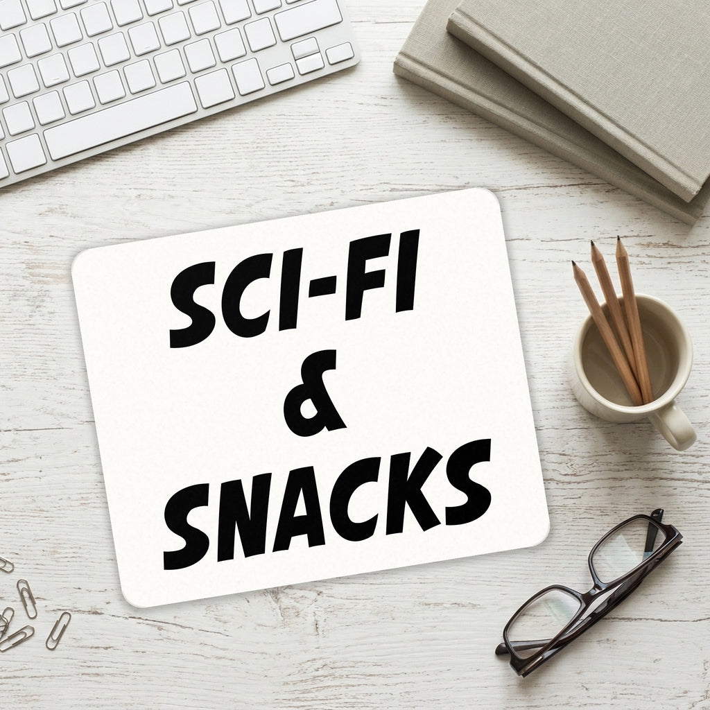 Sci-Fi & Snacks mouse pad on a desk with a keyboard