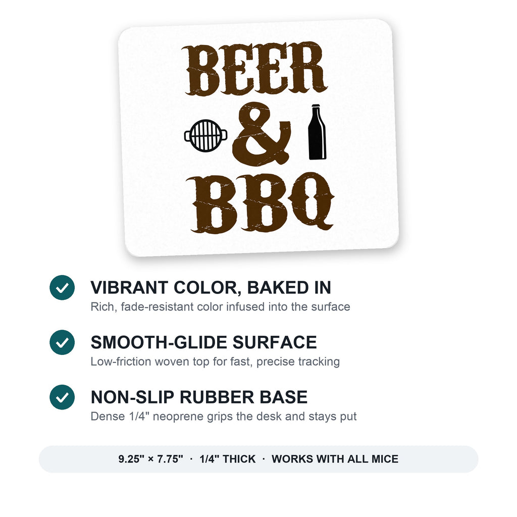 Beer & Barbecue BBQ mouse pad: vibrant color, smooth-glide surface, non-slip rubber base, 9.25 x 7.75 inches