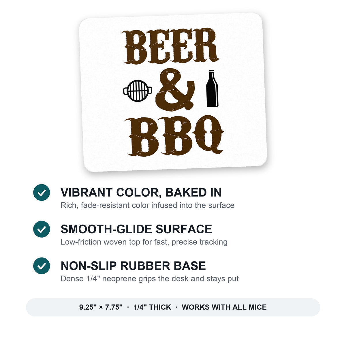 Beer & Barbecue BBQ mouse pad: vibrant color, smooth-glide surface, non-slip rubber base, 9.25 x 7.75 inches