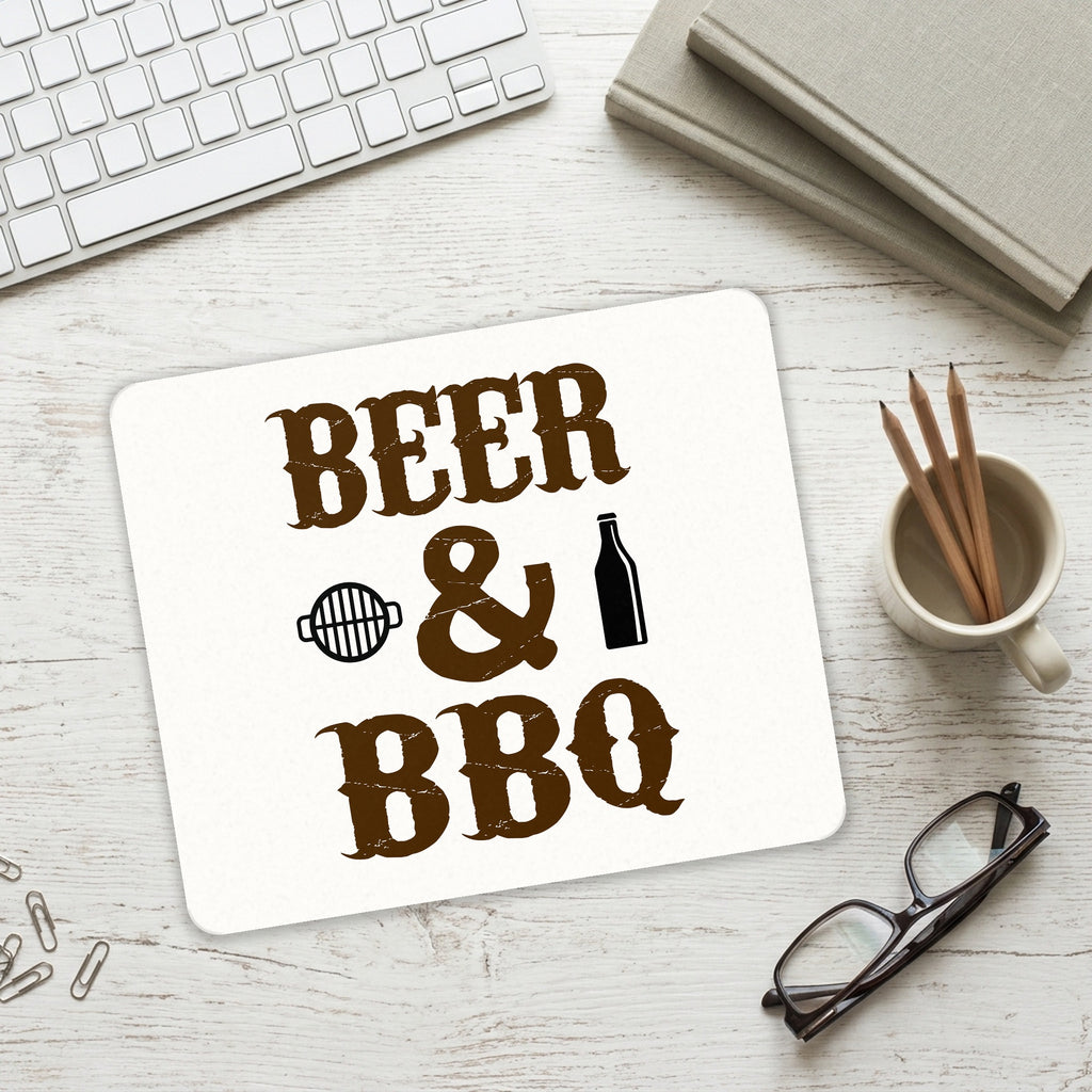 Beer & Barbecue BBQ mouse pad on a desk with a keyboard