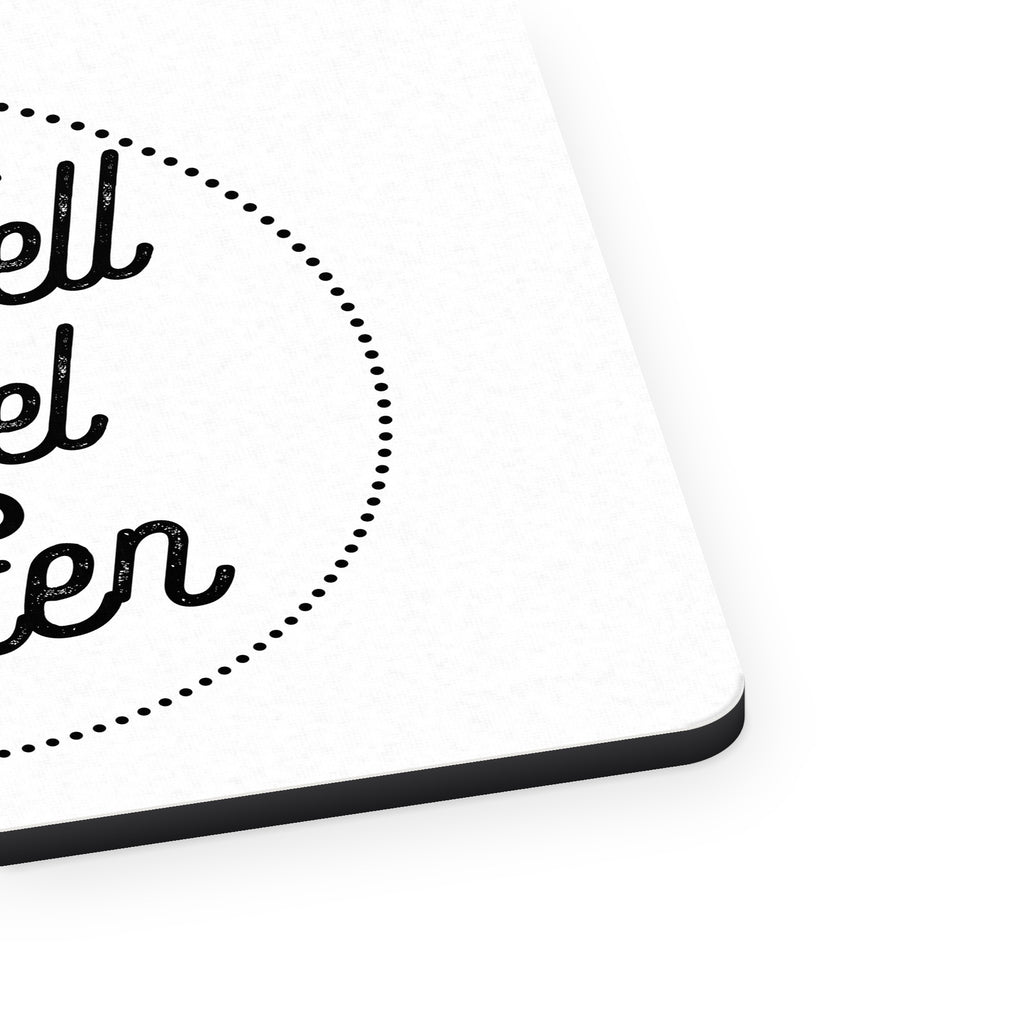 Eat Well, Travel Often mouse pad, close-up of the fabric surface and rubber edge