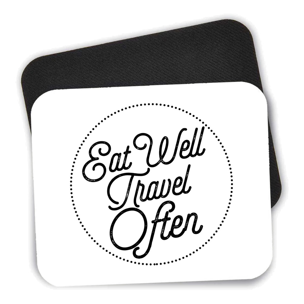 Eat Well, Travel Often mouse pad shown with its black non-slip rubber underside