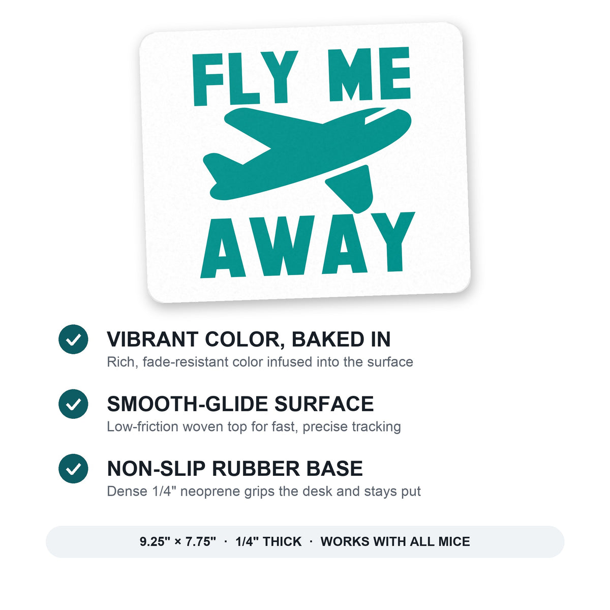 Fly Me Away - Travel mouse pad: vibrant color, smooth-glide surface, non-slip rubber base, 9.25 x 7.75 inches