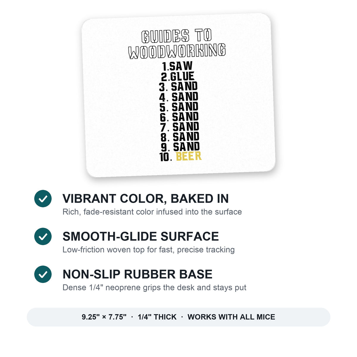 Guides to Woodworking Saw Glue Sand Beer mouse pad: vibrant color, smooth-glide surface, non-slip rubber base, 9.25 x 7.75 inches