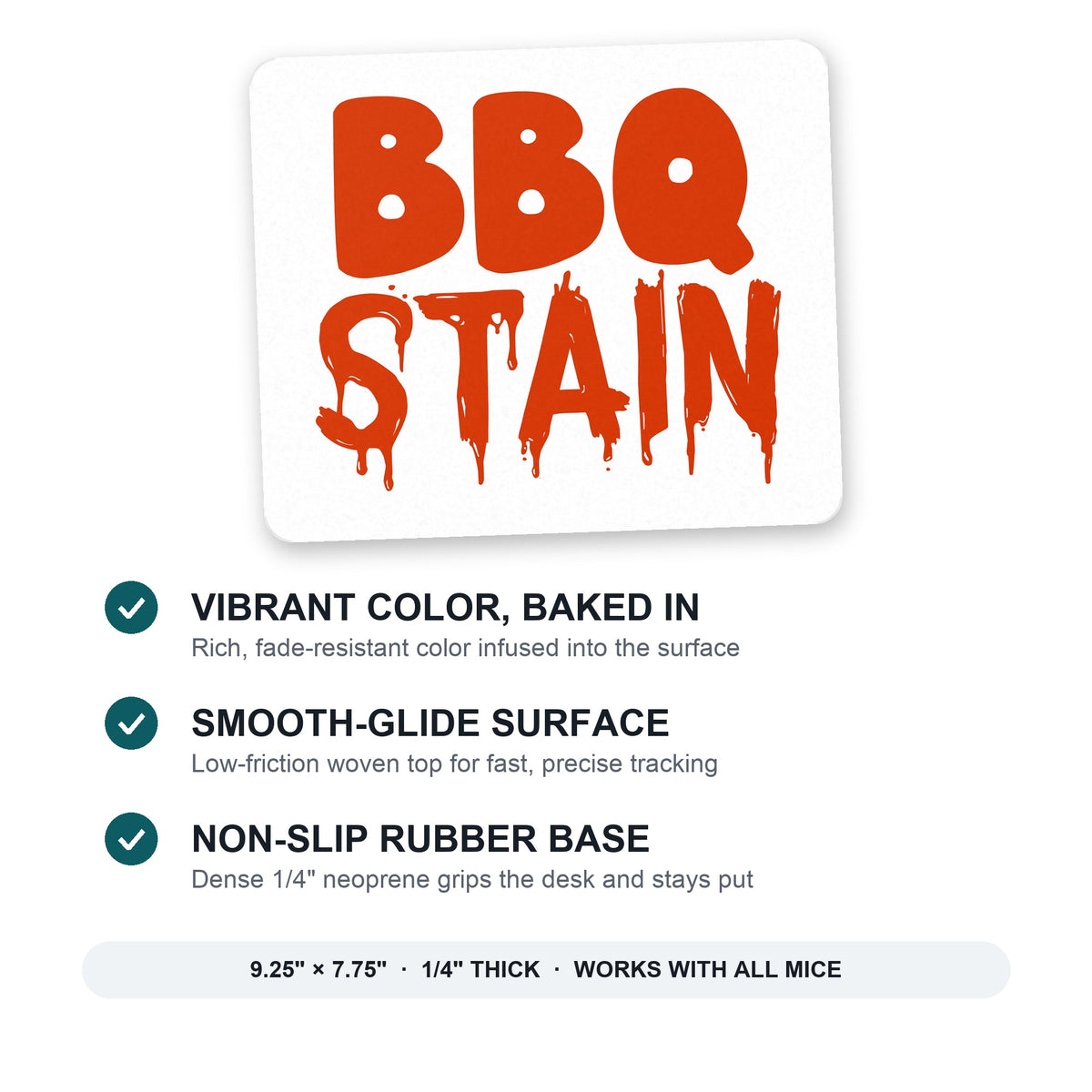 BBQ Stain Barbecue mouse pad: vibrant color, smooth-glide surface, non-slip rubber base, 9.25 x 7.75 inches