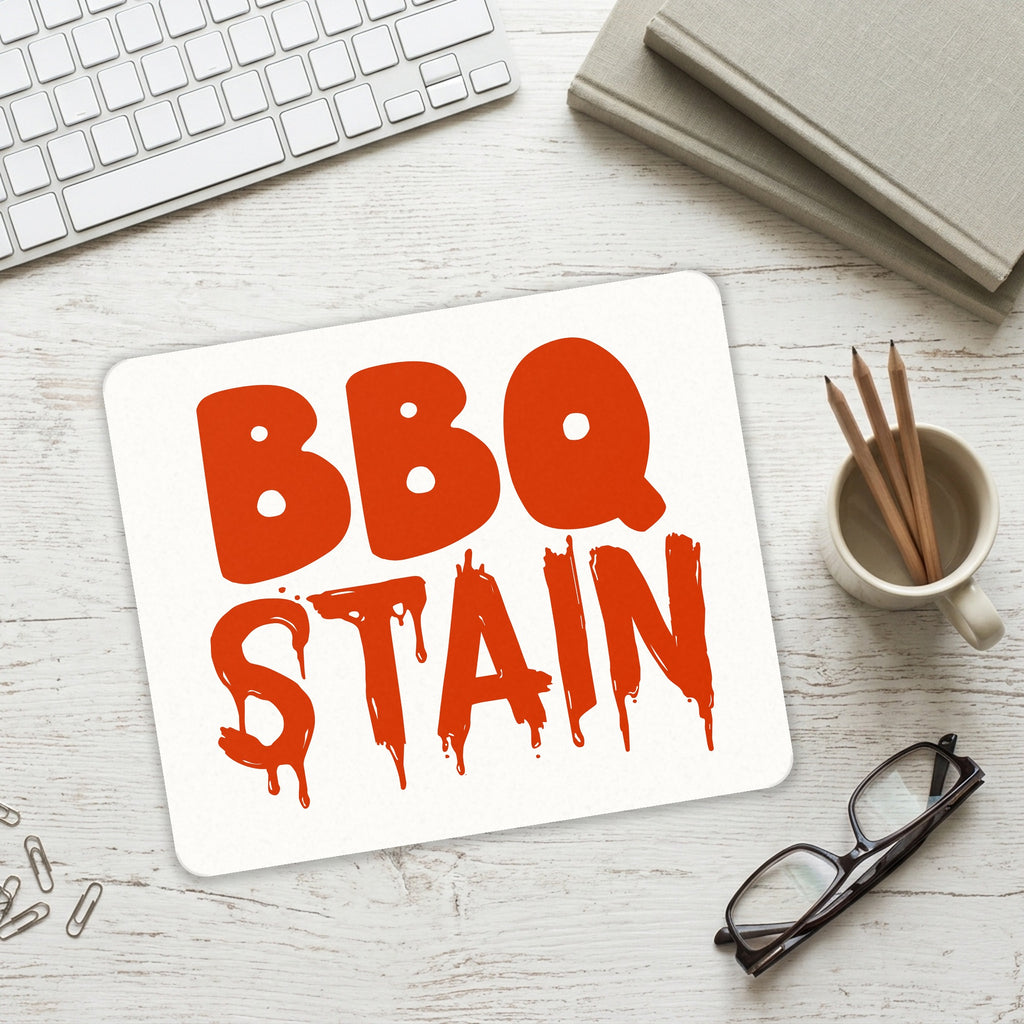 BBQ Stain Barbecue mouse pad on a desk with a keyboard