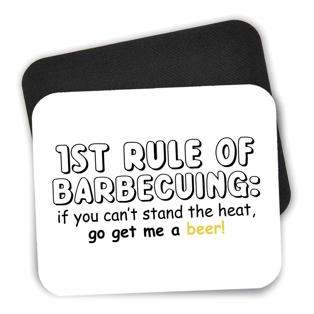 1st Rule of Barbecuing - Get Me a Beer mouse pad shown with its black non-slip rubber underside