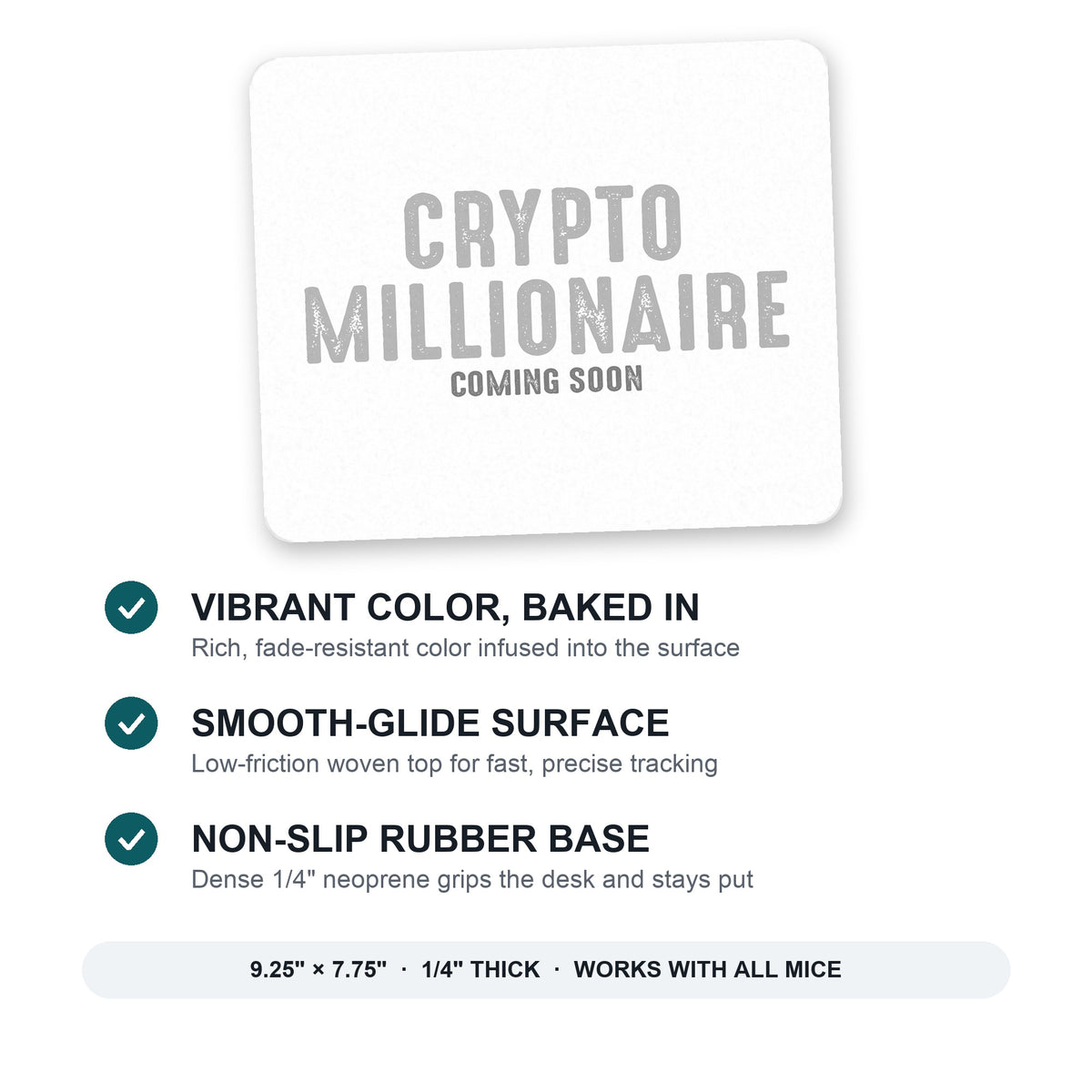 Crypto Millionaire - Coming Soon mouse pad: vibrant color, smooth-glide surface, non-slip rubber base, 9.25 x 7.75 inches