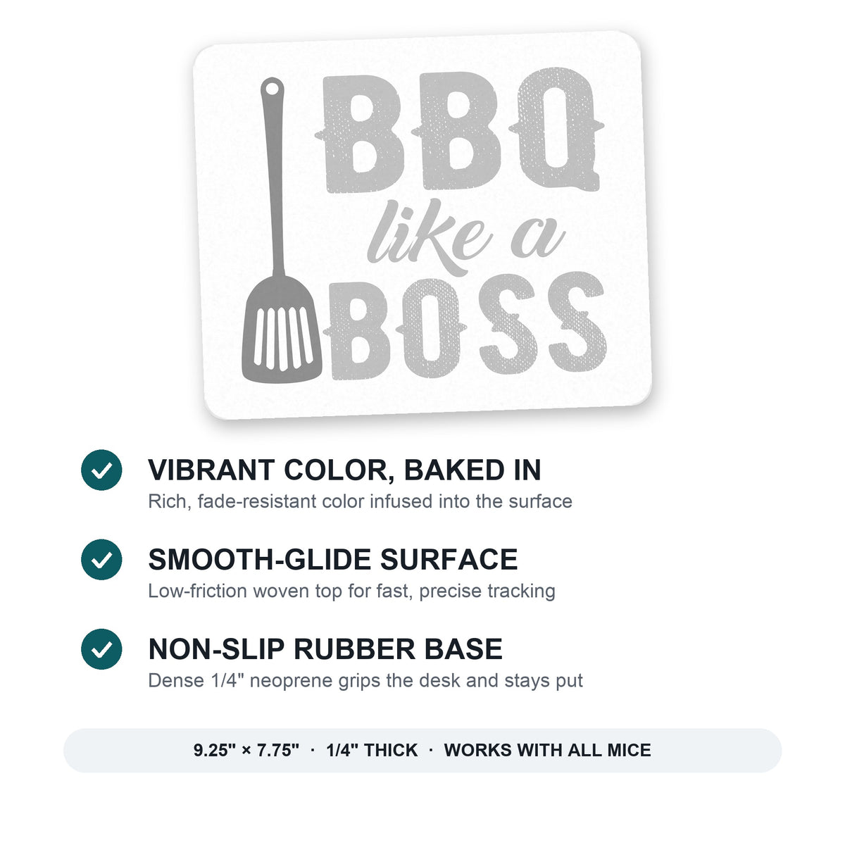 BBQ Like a Boss Barbecue mouse pad: vibrant color, smooth-glide surface, non-slip rubber base, 9.25 x 7.75 inches