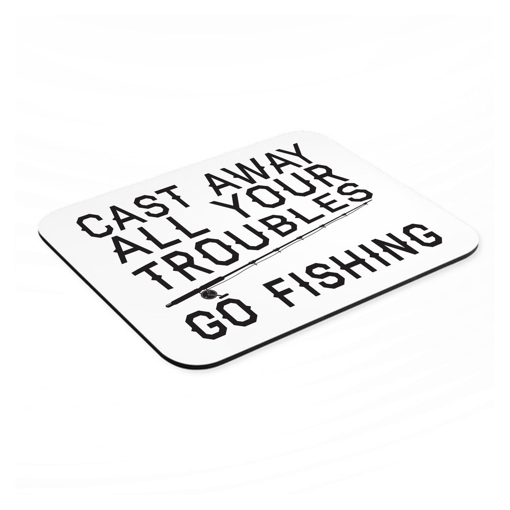 Cast Away All Your Troubles Go Fishing mouse pad, angled view showing the 1/4 inch thick base