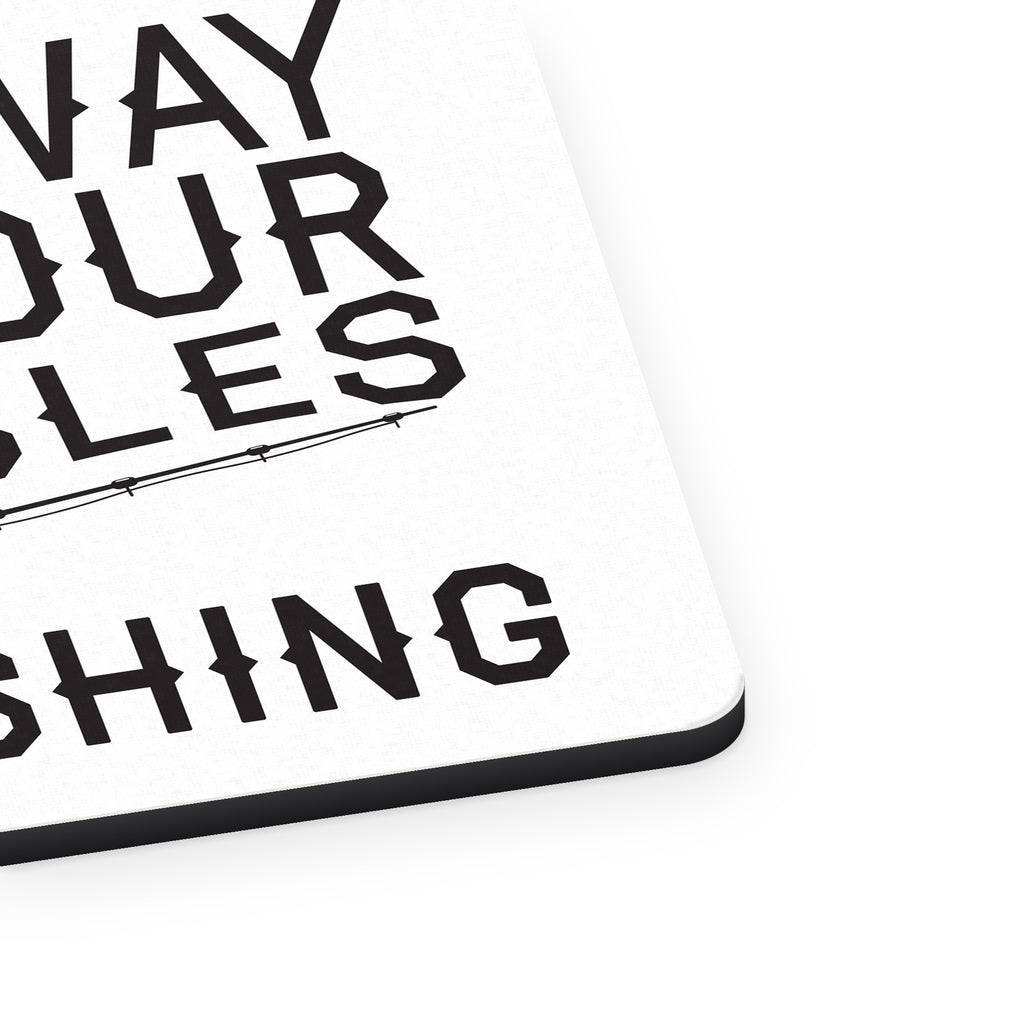 Cast Away All Your Troubles Go Fishing mouse pad, close-up of the fabric surface and rubber edge