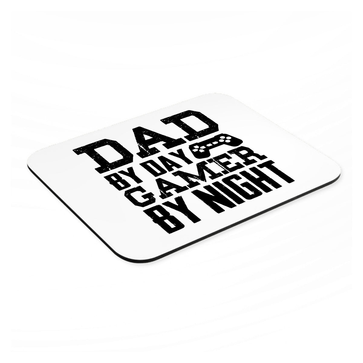 Dad By Day Gamer By Night mouse pad, angled view showing the 1/4 inch thick base