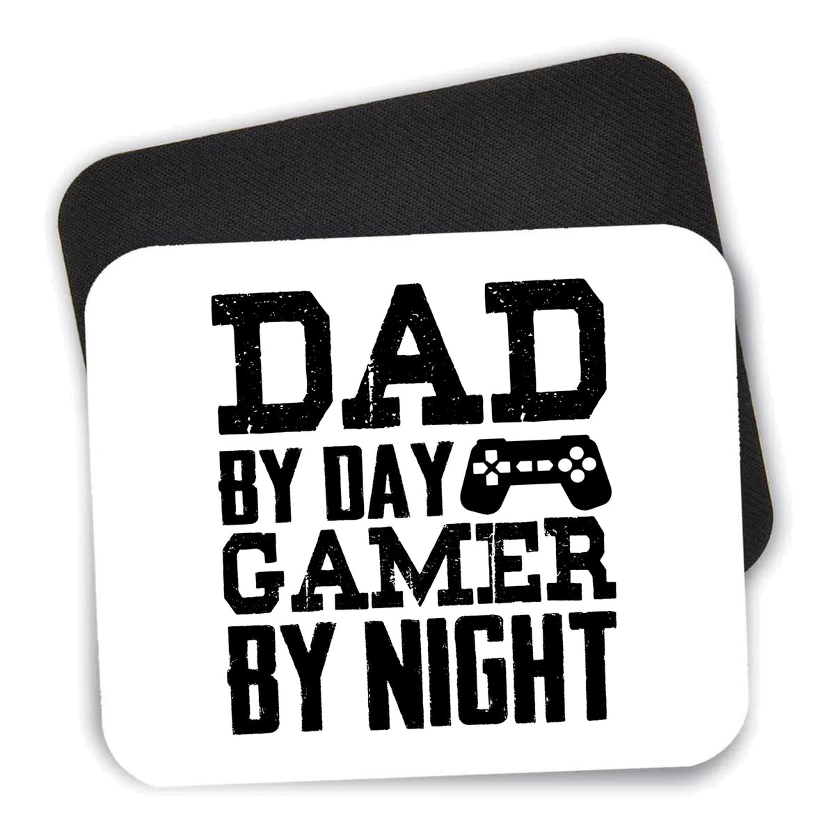 Dad By Day Gamer By Night mouse pad shown with its black non-slip rubber underside