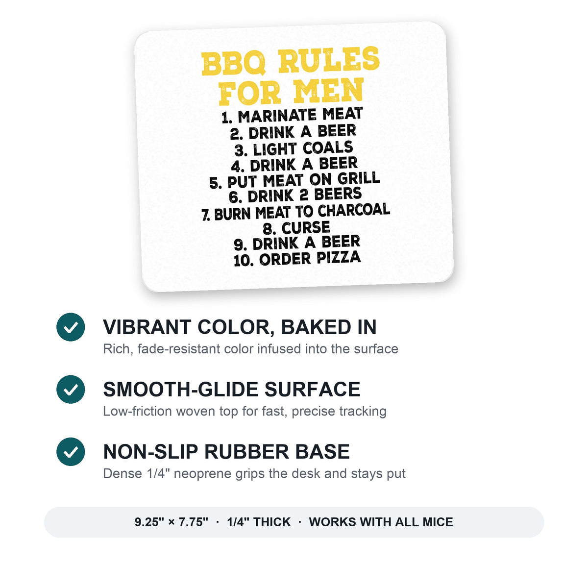 BBQ Rules for Men mouse pad: vibrant color, smooth-glide surface, non-slip rubber base, 9.25 x 7.75 inches