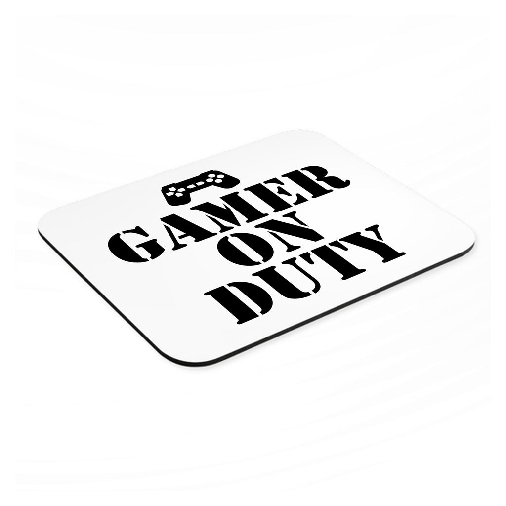 Gamer on Duty Video Games mouse pad, angled view showing the 1/4 inch thick base