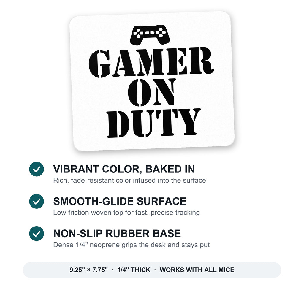 Gamer on Duty Video Games mouse pad: vibrant color, smooth-glide surface, non-slip rubber base, 9.25 x 7.75 inches