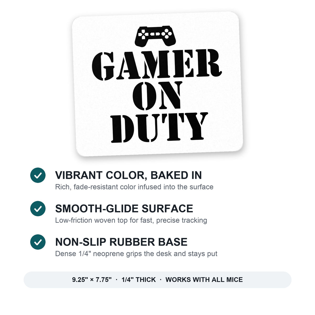 Gamer on Duty Video Games mouse pad: vibrant color, smooth-glide surface, non-slip rubber base, 9.25 x 7.75 inches