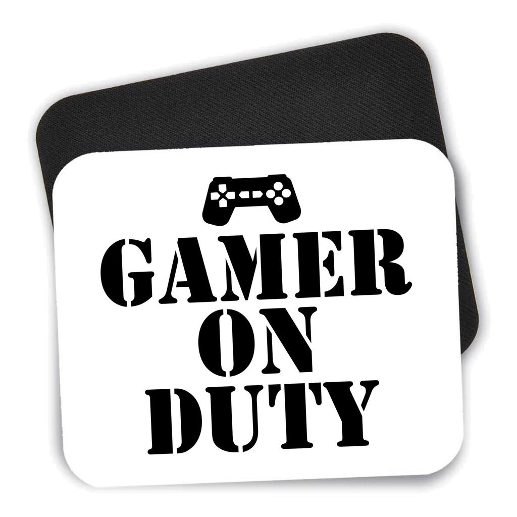 Gamer on Duty Video Games mouse pad shown with its black non-slip rubber underside