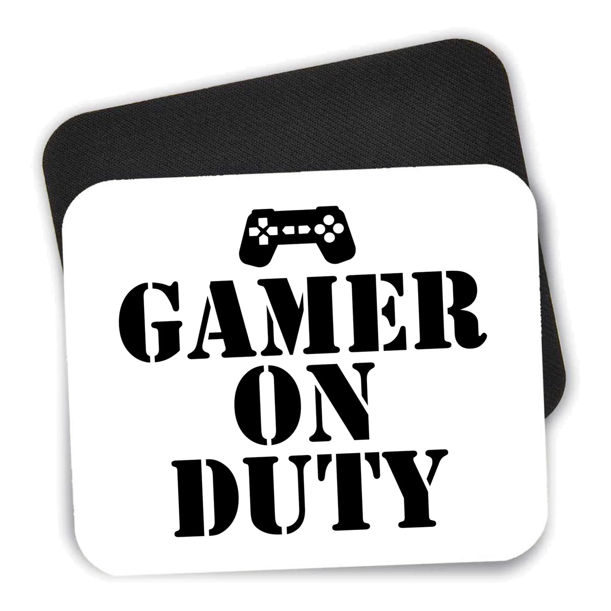 Gamer on Duty Video Games mouse pad shown with its black non-slip rubber underside