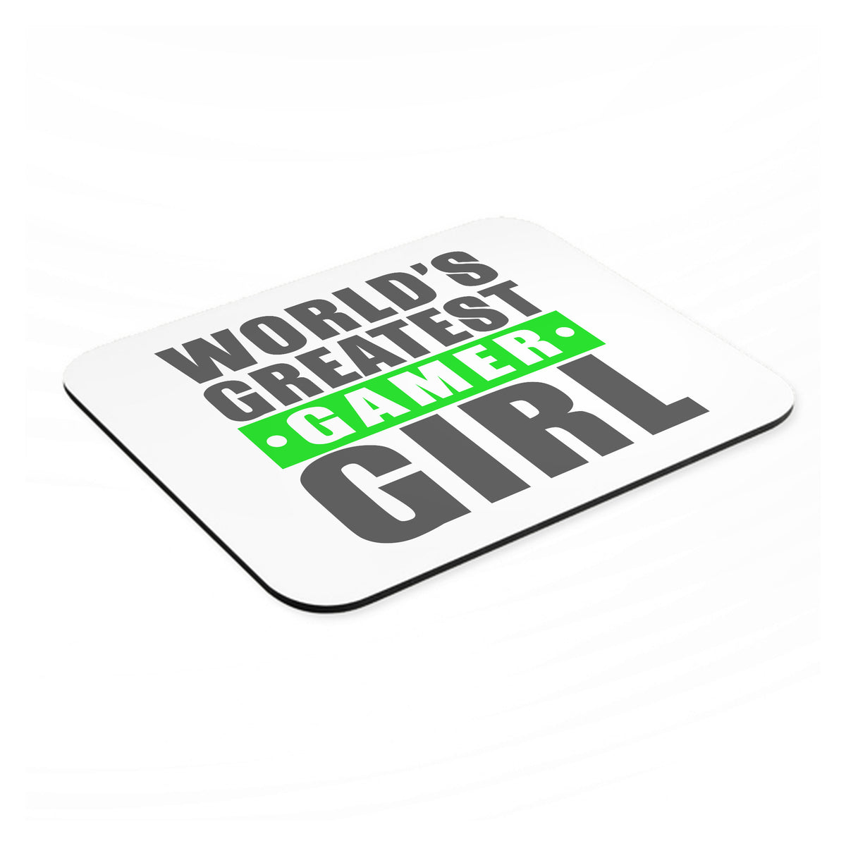 World's Greatest Gamer Girl Video Games mouse pad, angled view showing the 1/4 inch thick base
