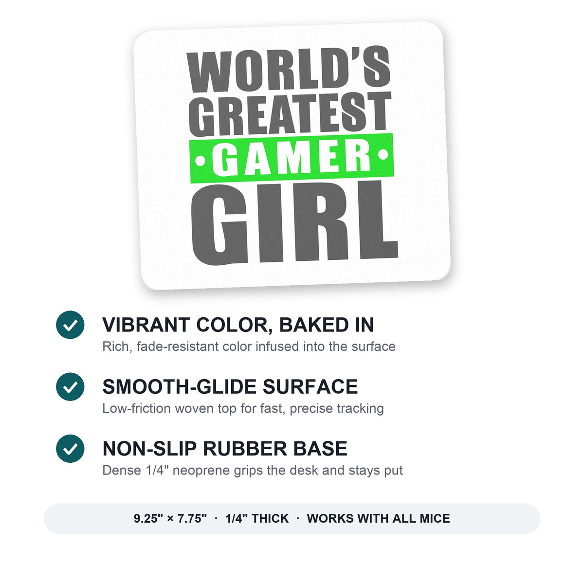 World's Greatest Gamer Girl Video Games mouse pad: vibrant color, smooth-glide surface, non-slip rubber base, 9.25 x 7.75 inches