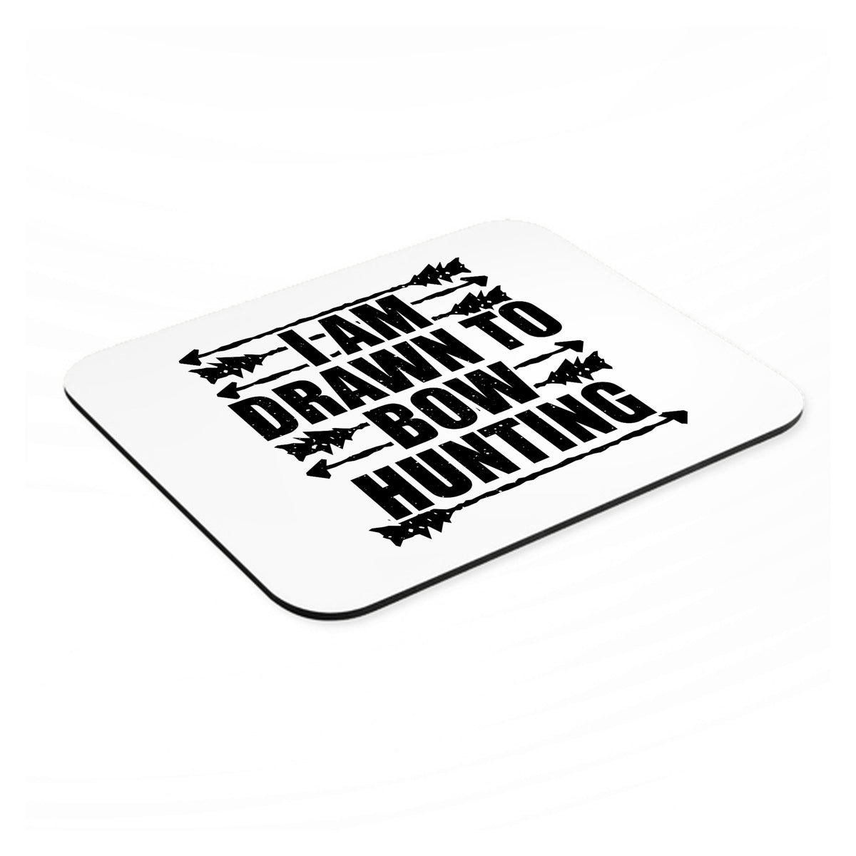I Am Drawn to Bow Hunting mouse pad, angled view showing the 1/4 inch thick base