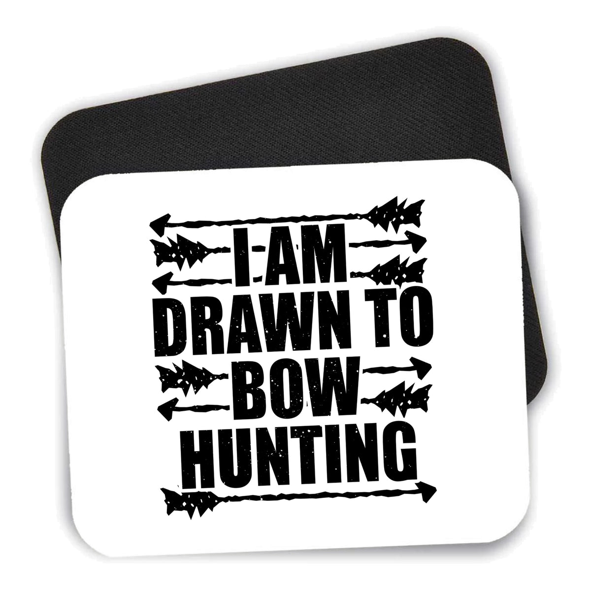 I Am Drawn to Bow Hunting mouse pad shown with its black non-slip rubber underside