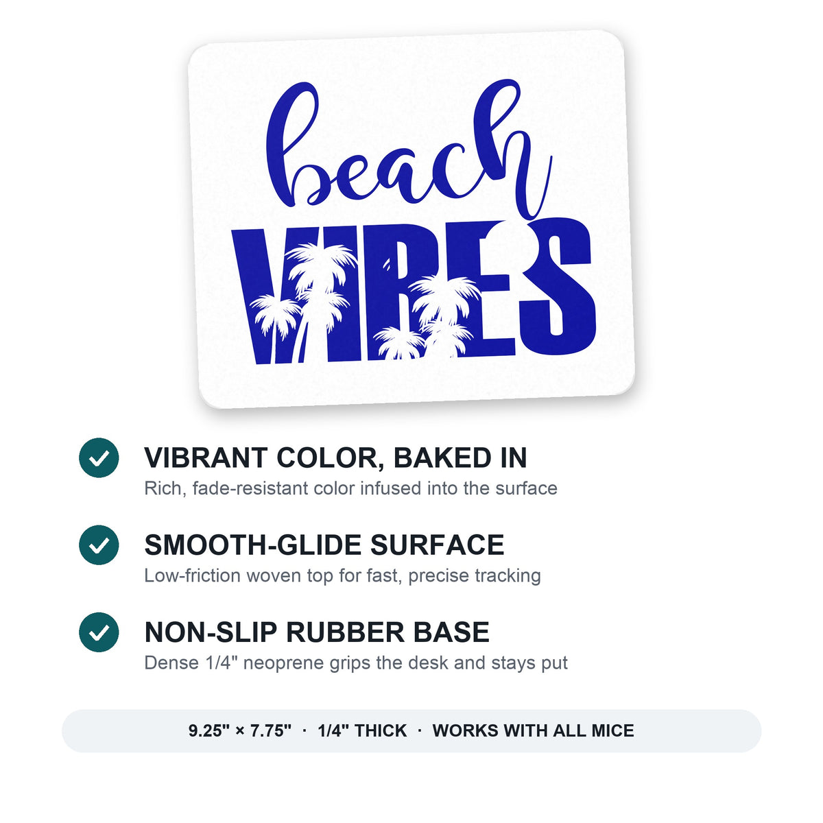 Beach Vibes mouse pad: vibrant color, smooth-glide surface, non-slip rubber base, 9.25 x 7.75 inches