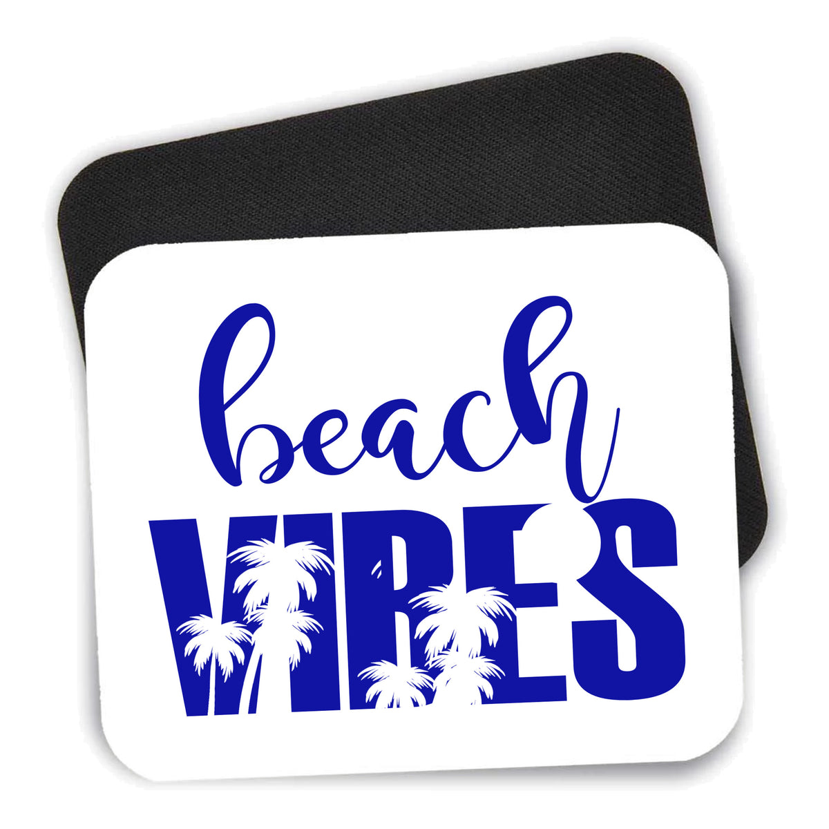 Beach Vibes mouse pad shown with its black non-slip rubber underside