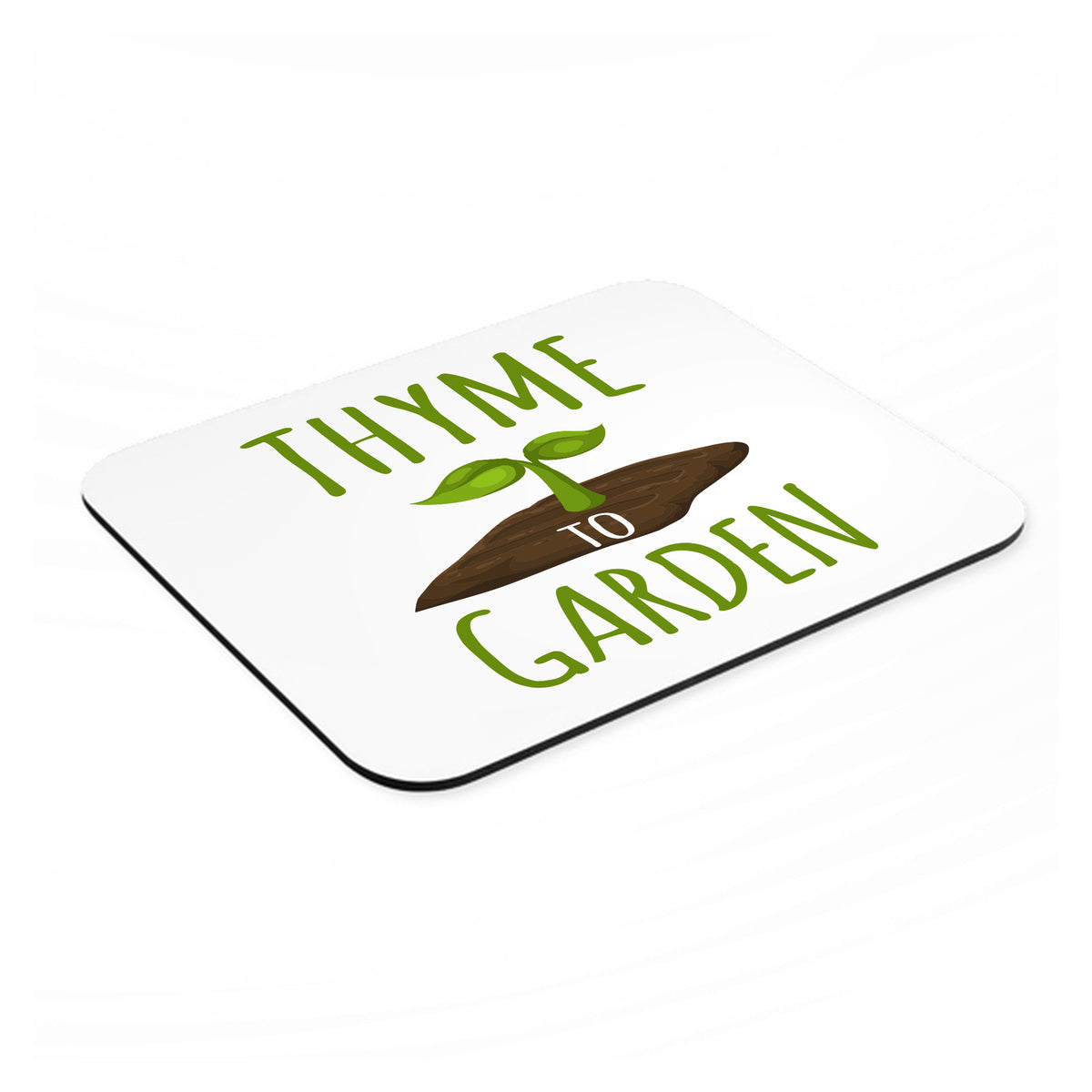 Thyme to Garden mouse pad, angled view showing the 1/4 inch thick base