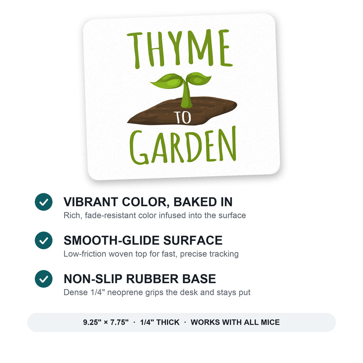 Thyme to Garden mouse pad: vibrant color, smooth-glide surface, non-slip rubber base, 9.25 x 7.75 inches