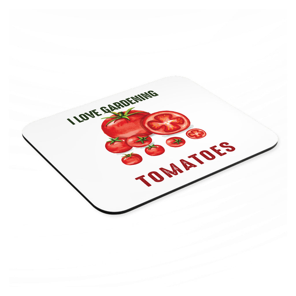 I Love Gardening from My Head Tomatoes mouse pad, angled view showing the 1/4 inch thick base