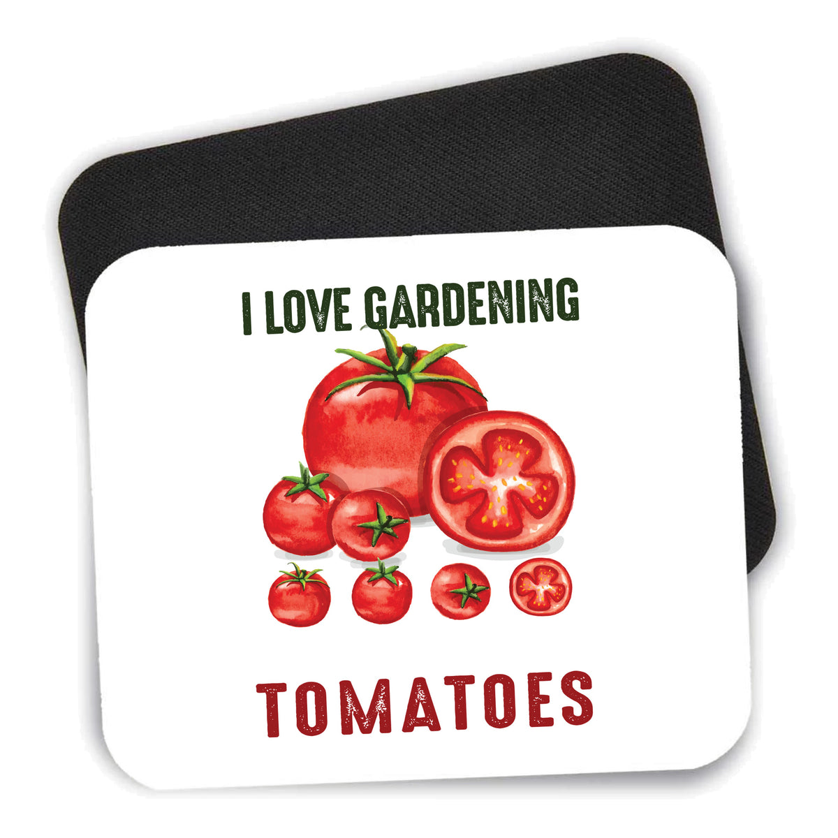 I Love Gardening from My Head Tomatoes mouse pad shown with its black non-slip rubber underside