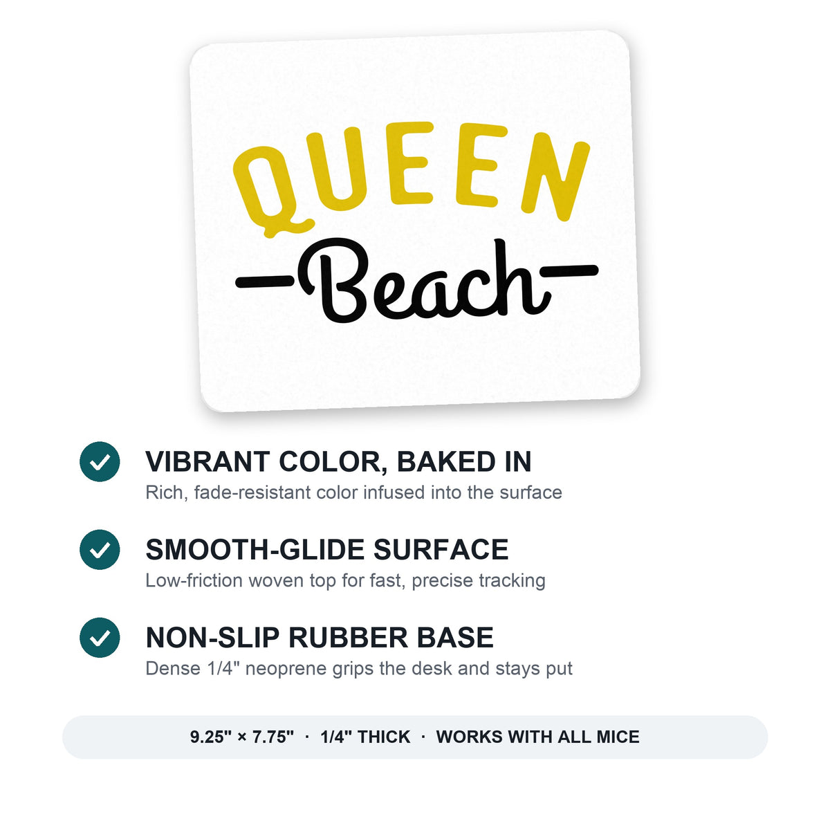 Queen Beach mouse pad: vibrant color, smooth-glide surface, non-slip rubber base, 9.25 x 7.75 inches