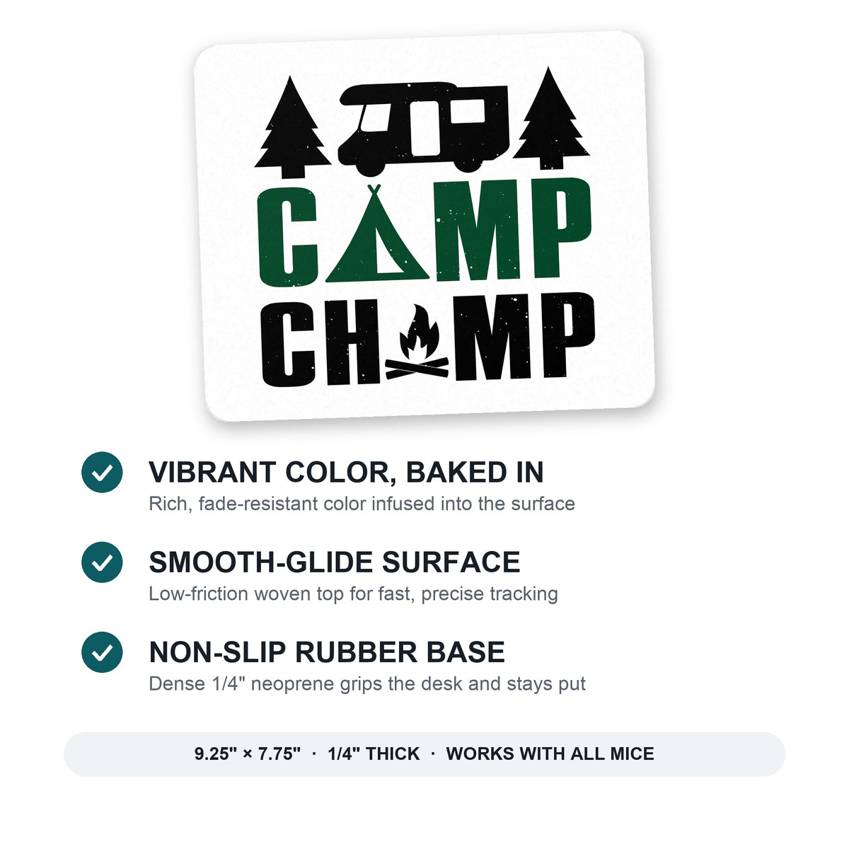 Camp Champ - Camping Fire mouse pad: vibrant color, smooth-glide surface, non-slip rubber base, 9.25 x 7.75 inches