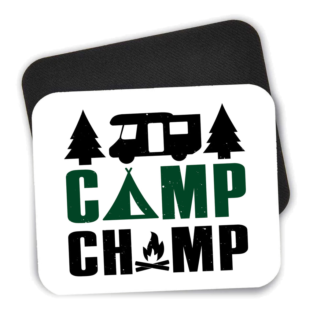Camp Champ - Camping Fire mouse pad shown with its black non-slip rubber underside