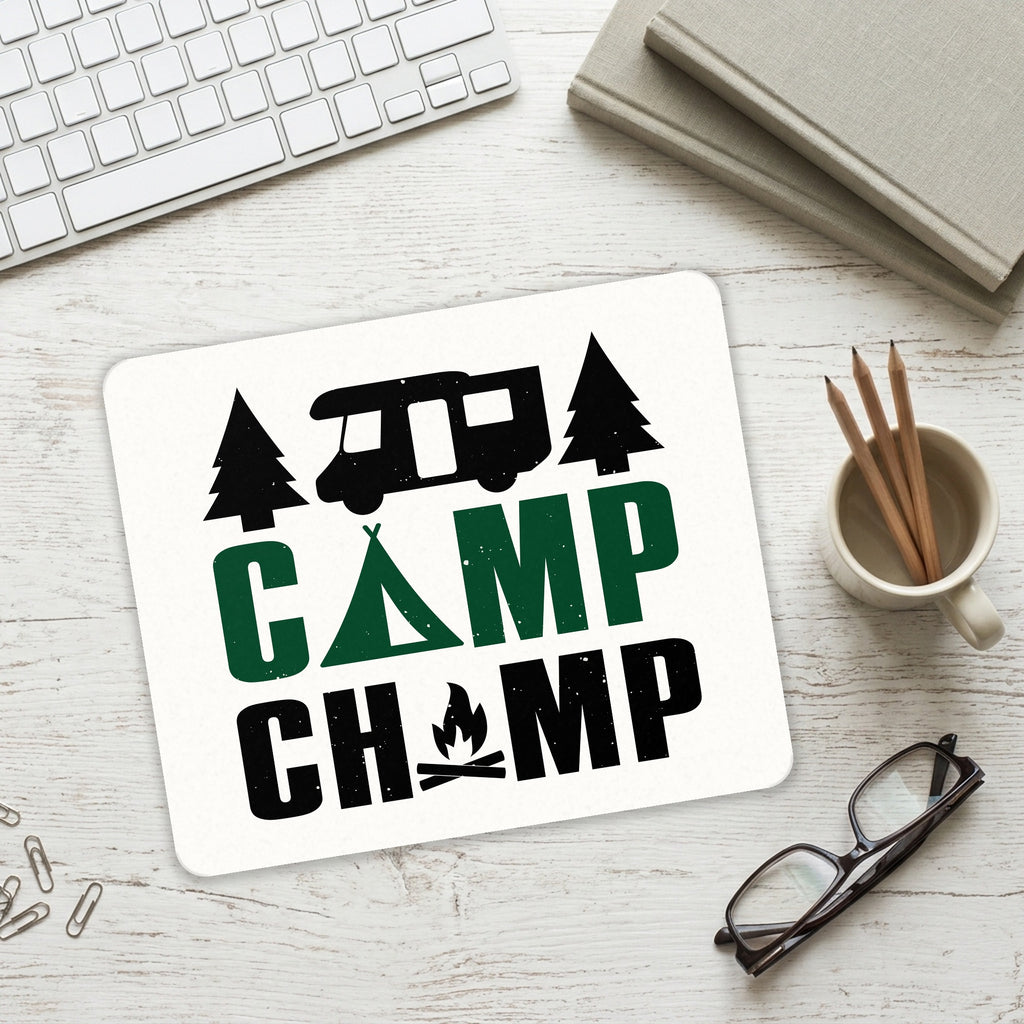 Camp Champ - Camping Fire mouse pad on a desk with a keyboard