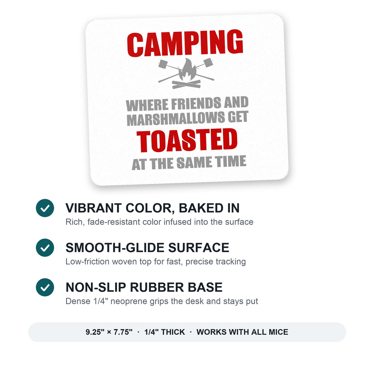Camping - Friends & Marshmallows Get Toasted mouse pad: vibrant color, smooth-glide surface, non-slip rubber base, 9.25 x 7.75 inches