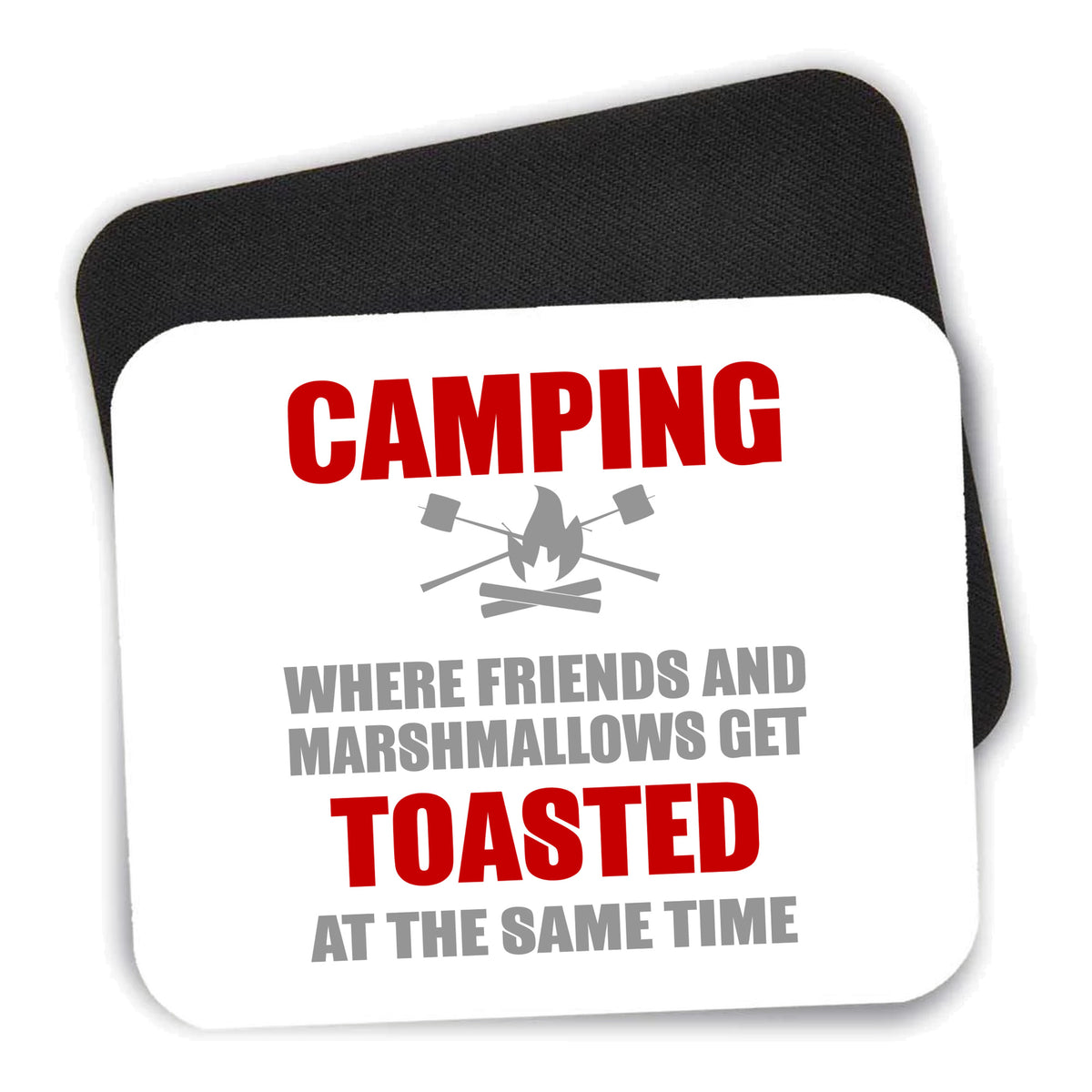 Camping - Friends & Marshmallows Get Toasted mouse pad shown with its black non-slip rubber underside