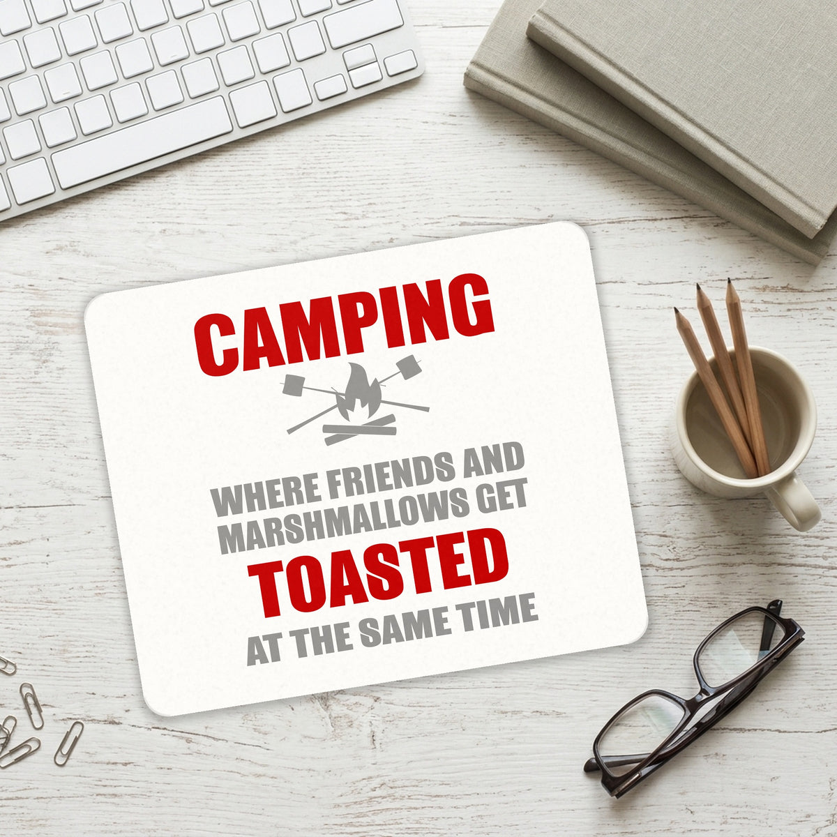 Camping - Friends & Marshmallows Get Toasted mouse pad on a desk with a keyboard