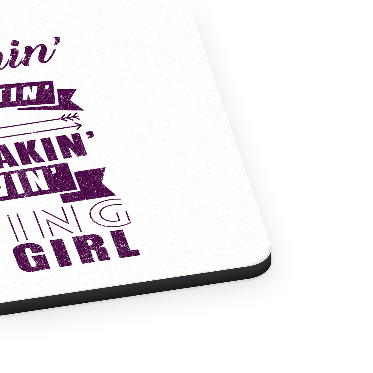 Tent Pitchin Weiner Roastin S'More Camping Girl mouse pad, close-up of the fabric surface and rubber edge
