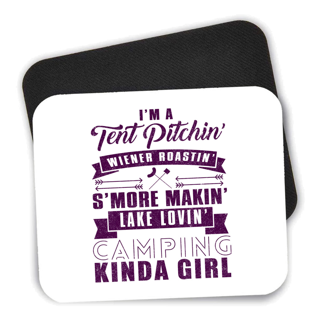 Tent Pitchin Weiner Roastin S'More Camping Girl mouse pad shown with its black non-slip rubber underside