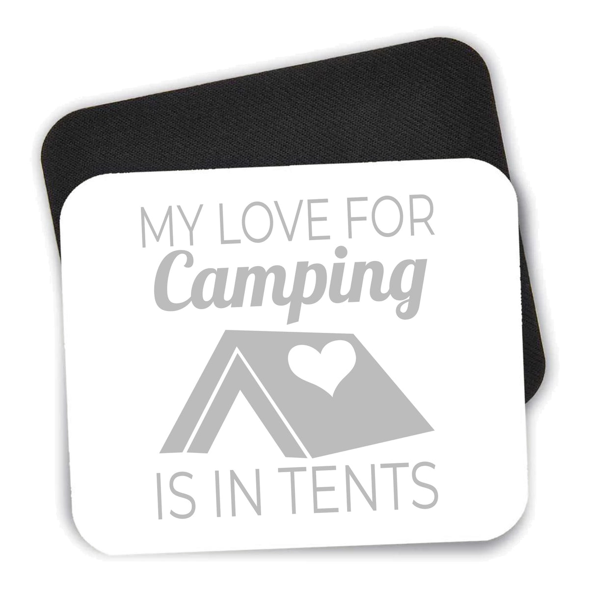 My Love For Camping is In Tents mouse pad shown with its black non-slip rubber underside