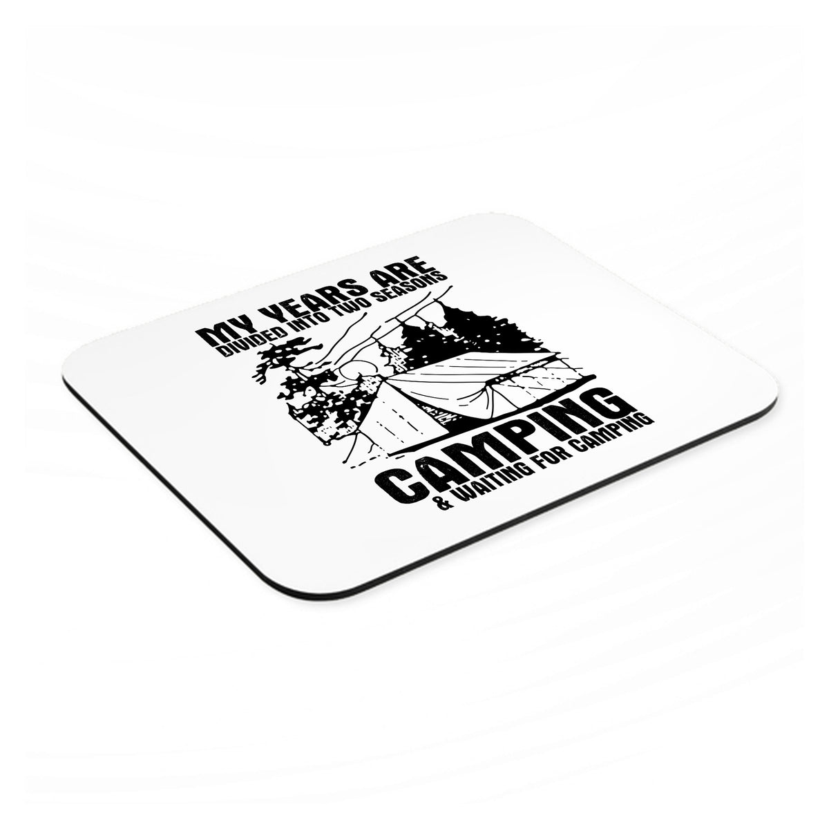 Two Seasons - Camping, Waiting for Camping mouse pad, angled view showing the 1/4 inch thick base