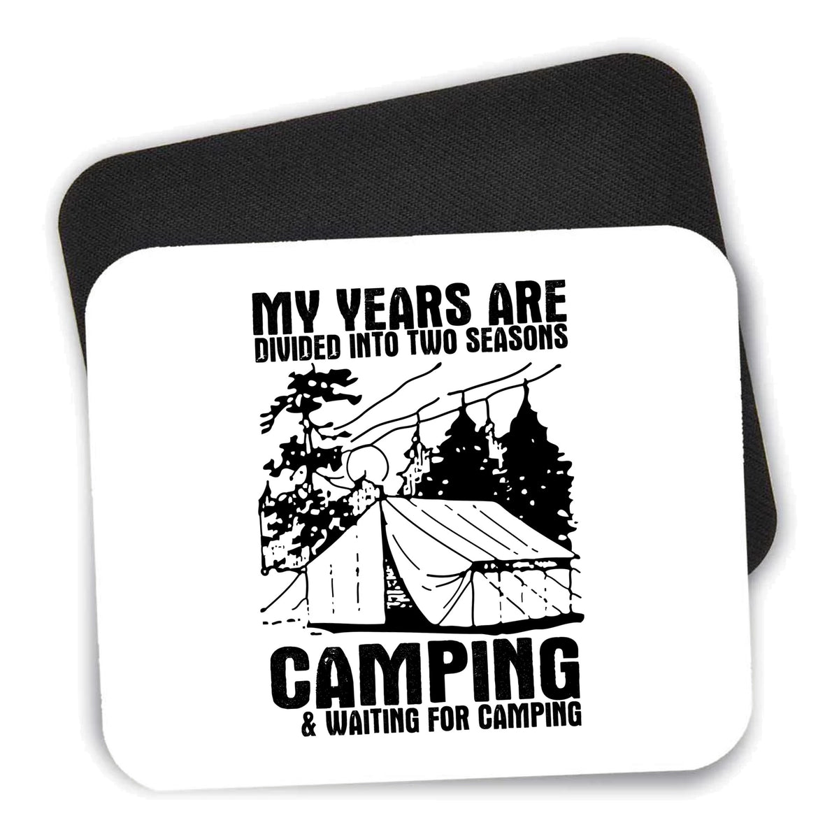Two Seasons - Camping, Waiting for Camping mouse pad shown with its black non-slip rubber underside