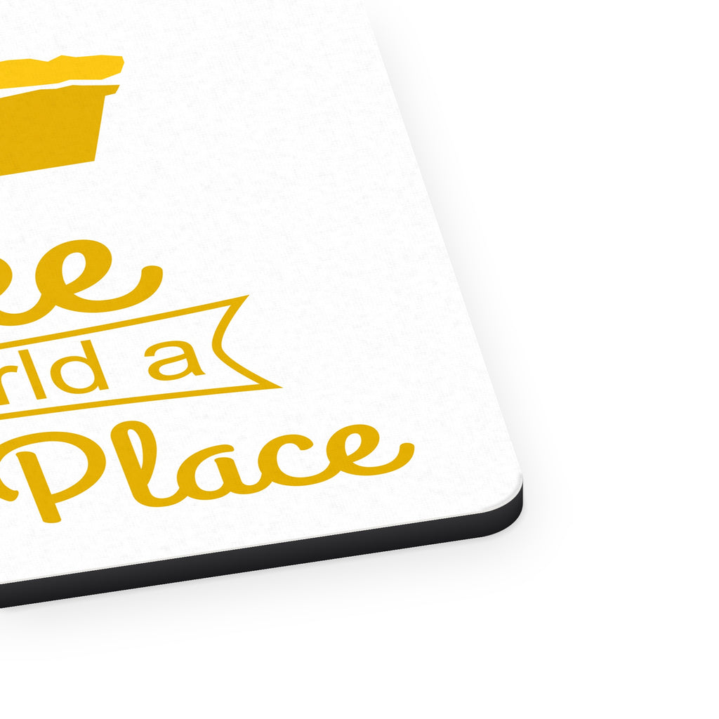 Bake the World a Better Place mouse pad, close-up of the fabric surface and rubber edge