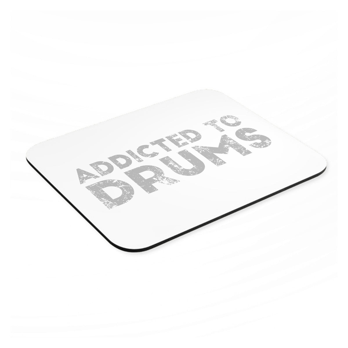 Addicted to Drums mouse pad, angled view showing the 1/4 inch thick base