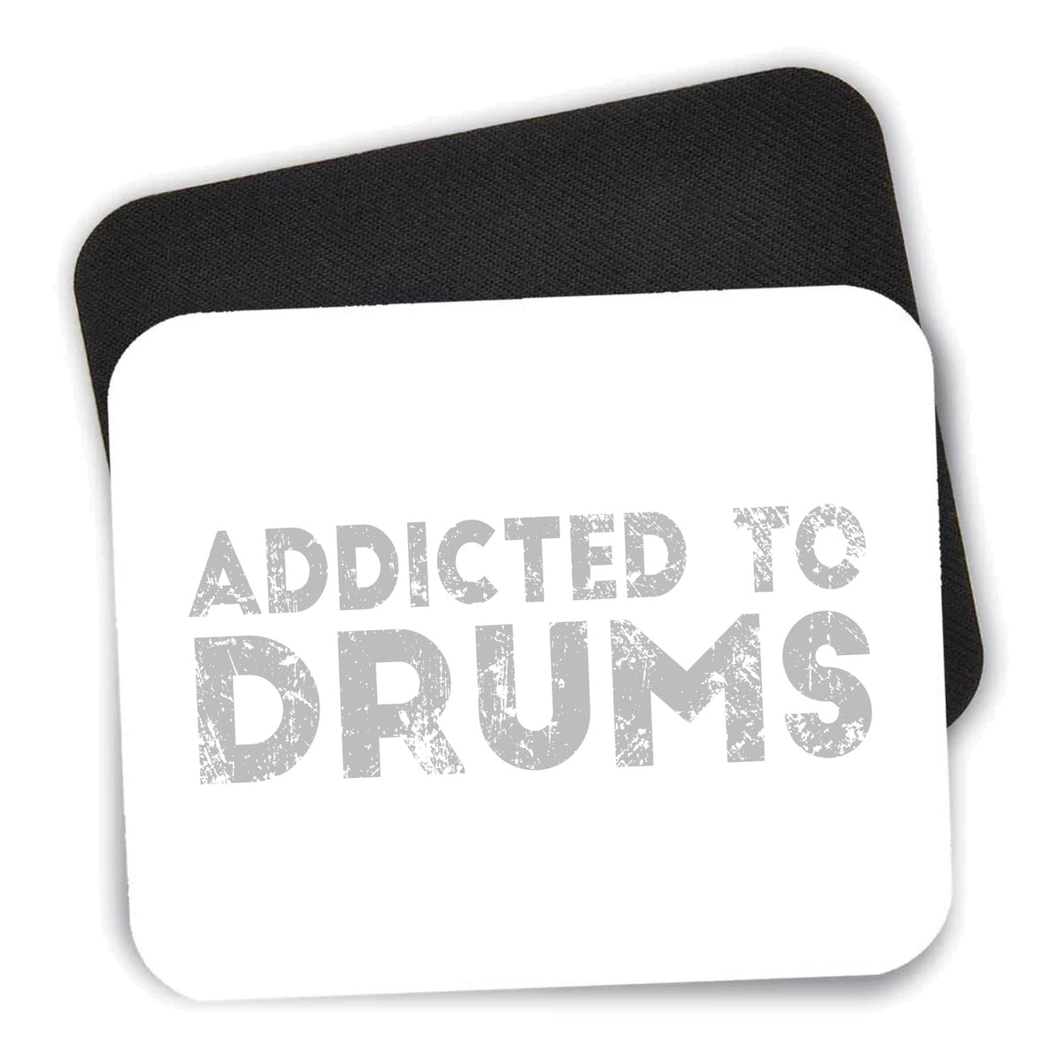 Addicted to Drums mouse pad shown with its black non-slip rubber underside