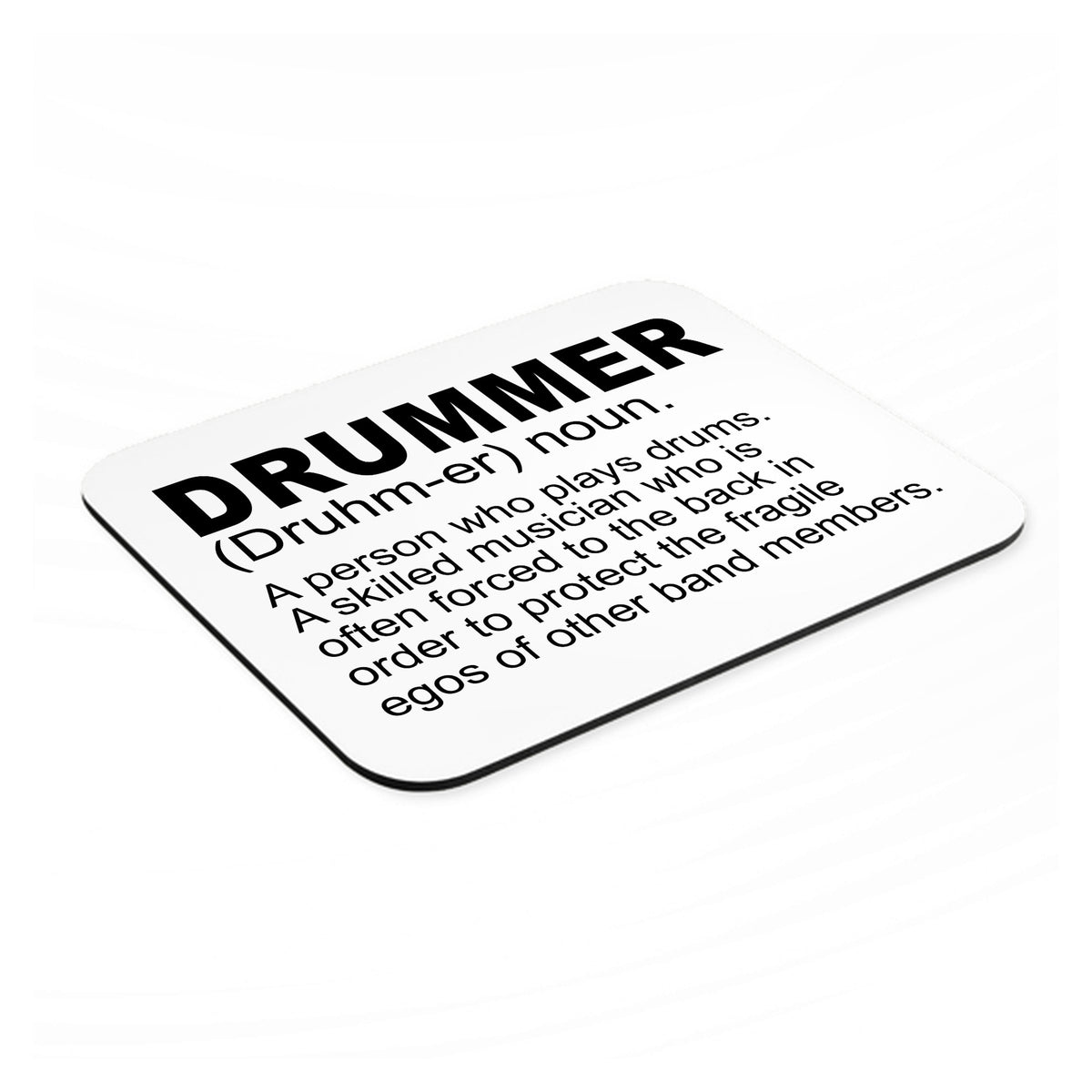 Drummer Dictionary Definition mouse pad, angled view showing the 1/4 inch thick base